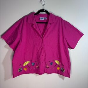 Jane Ashley 3X Pink Beach Embroidered Camp Shirt Tropical